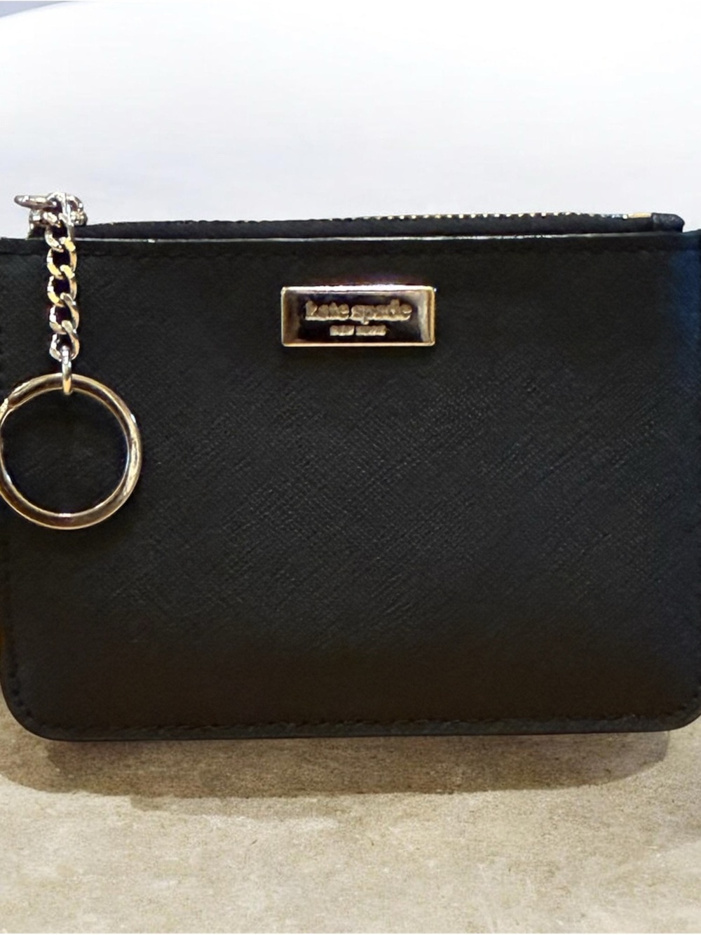 kate spade Black Saffiano Mini Zip Card Case with Key Ring 4x5